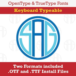 Pode incluir: Uma fonte de monograma azul e azul claro com as letras "SAG" em um círculo. O texto "OpenType & TrueType Fonts" e "Keyboard Typeable" está acima do monograma. O texto "Two Formats included .OTF and .TTF Install Files" está abaixo do monograma.