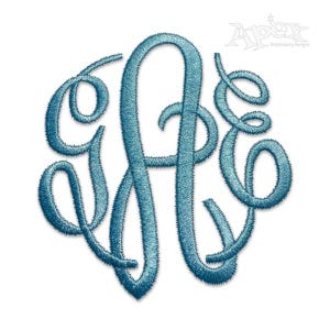 May include: A teal monogram design featuring three intertwined letters in a circular arrangement. The letters have a textured, embroidered appearance, with a slight shadow effect. The design is set against a clean white background, highlighting the intricate details of the monogram.