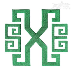 May include: Green Greek key monogram letter X embroidery design. The letter is outlined in white and the background is white.