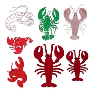May include: A selection of embroidered lobster designs in various colours and styles. The image features lobsters in red, green, and pink, with different poses and levels of detail. Ideal for craft projects or nautical-themed decor.