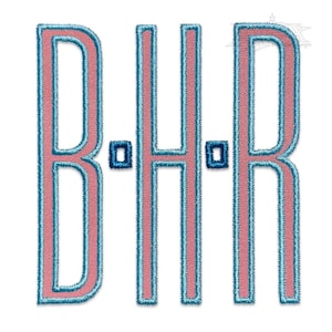 May include: A monogram featuring the letters "BHR" in a double-lined font. The letters are pink with a blue outline.