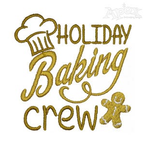 May include: Gold embroidered design with the text "Holiday Baking Crew" and a gingerbread man illustration.