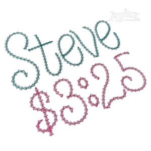 May include: An embroidered design on a white background features the word "Steve" in teal and the numbers "3.25" with a dollar sign in pink. The design is created with a series of small stitches.