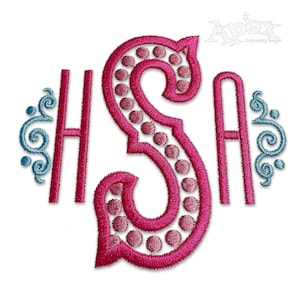 May include: Embroidered monogram featuring the letters "HSA" in a pink and blue colour scheme. The "S" is a decorative script font with a dotted border. The "H" and "A" are simple block letters with decorative flourishes.