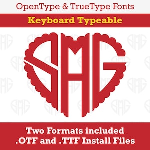 Pode incluir: Uma fonte de monograma em forma de coração vermelho com as letras "SAG" em um contorno branco. A fonte está disponível em dois formatos: OTF e TTF.