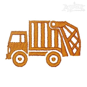 Op de afbeelding: Een geborduurd ontwerp van een gele vuilniswagen. De vrachtwagen heeft een gestreept lichaam en een gedetailleerd achtereind.