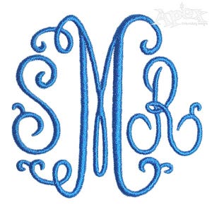 May include: A blue monogram featuring the letters "S", "M", and "R" in a decorative script font. The letters are intertwined and have a flourish design.