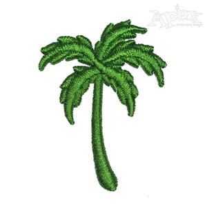 May include: Green embroidered palm tree patch. The palm tree has a single trunk and a full crown of leaves.