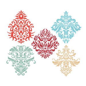 May include: Five ornate damask patterns in red, teal, light blue, and gold. Each design features intricate floral and scrollwork details, set against a white background. These decorative elements are ideal for various craft projects.