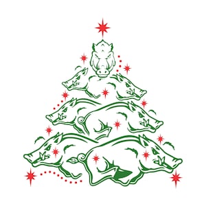 Puede incluir: Un árbol de Navidad verde hecho de jabalíes estilizados con estrellas rojas. La parte superior del árbol es un solo jabalí con una estrella encima.