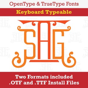 May include: A graphic design featuring the letters "SAG" in a stylized font with orange and red colors. The letters are set against a white background with a repeating pattern of the letters "SHE" in a smaller font. The text "OpenType & TrueType Fonts" and "Keyboard Typeable" are at the top of the image. The text "Two Formats included .OTF and .TTF Install Files" is at the bottom of the image.