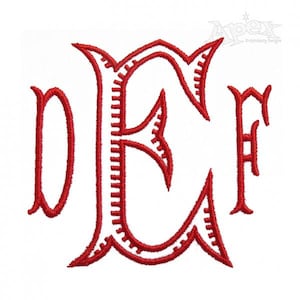 May include: Red embroidered monogram letters "DEF" in a decorative script font.
