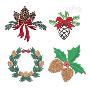 Diseño de bordado de piña navideña: corona, árbol, cinta (descarga instantánea PES DST JEF)