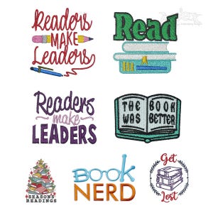 May include: A collection of embroidered designs with book-themed text. The designs include phrases like "Readers Make Leaders," "Read," and "Book Nerd." The color palette includes red, green, blue, and purple.