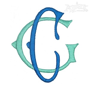 May include: A blue and green monogram letter C. The letter C is outlined in green and filled in blue.