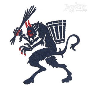 May include: Embroidered design of a dark blue creature with red horns, claws, and facial features, carrying a basket on its back and a whip. The design is on a white background, with the Apex Embroidery Designs logo in the upper right corner.