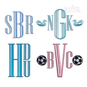 May include: Four embroidered monogram designs in blue and pink. One design features the letters SBR, another N, G, and K with swan accents. The third design has the letters H and U. The last design has the letters BVC with soccer ball accents.