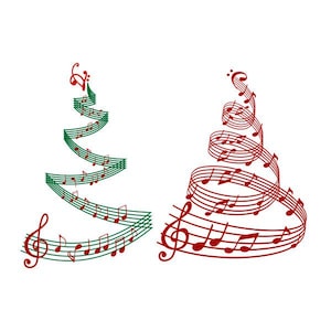 May include: Two Christmas tree designs made of musical notes. The tree on the left is green and the tree on the right is red.