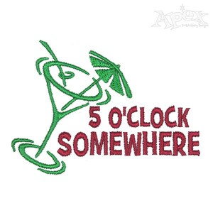 May include: Green martini glass with a green umbrella and the text "5 O'CLOCK SOMEWHERE" in red.