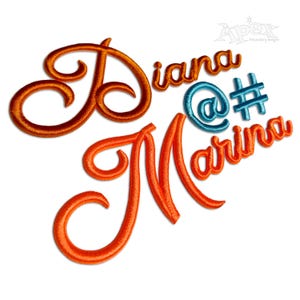 May include: Embroidered design featuring the names "Diana" and "Marina" in orange and the symbols "@" and "#" in blue. The design is on a white background, with a cursive font style.