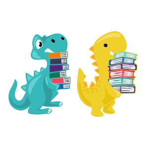 May include: Two cartoon dinosaurs carrying stacks of colorful books. The blue dinosaur is on the left and the yellow dinosaur is on the right.