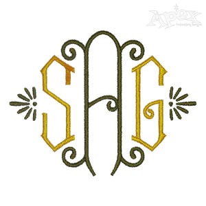 May include: A monogram embroidery design featuring the letters "S", "A", and "G" in a decorative, intertwined font. The letters are outlined in gold and filled with a lighter shade of gold. The design is surrounded by four stylized starbursts in a dark green colour.