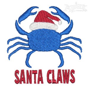 May include: A blue crab wearing a red and white Santa hat with the text "SANTA CLAWS" below.