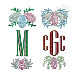 Op de afbeelding: Geborduurde ontwerpen met oesters en botanische elementen. De ontwerpen bevatten een monogramletter "M" in groen met roze accenten en een monogram "CGC" in bruin met roze accenten. De oesterontwerpen zijn in tinten roze, blauw en grijs.