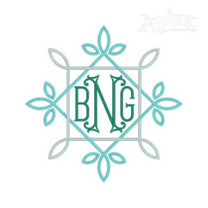 May include: A monogram design featuring the letters "B N G" in a green font, enclosed within a decorative frame with leaf accents in a light blue colour.