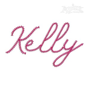 May include: The name "Kelly" in a cursive script, rendered in a bright pink hue. The letters are composed of small, leaf-shaped elements, giving a textured effect. The design is set against a clean white background, emphasizing the name.