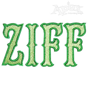 May include: Green embroidered letters spelling "ZIFF" on a white background. The letters have a decorative, vintage style with a light green fill and a darker green outline. The Apex Embroidery Designs logo is in the upper right corner.
