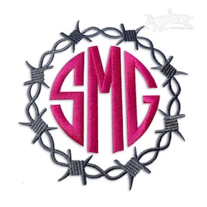 Puede incluir: Un monograma magenta con las letras SMG dentro de un círculo de alambre de púas gris. El diseño está sobre un fondo blanco. El logotipo de Apex Embroidery Designs está en la esquina superior derecha.