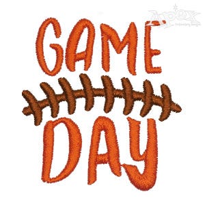 May include: Orange and brown embroidery design with the text "GAME DAY" and a football stitch design.