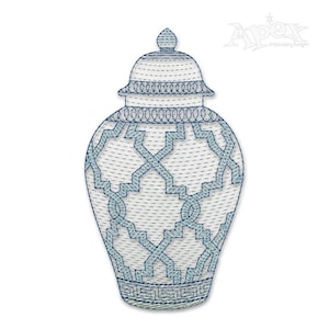 May include: A blue and white ceramic ginger jar with a geometric pattern. The jar has a lid with a finial on top.