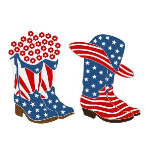 May include: Two pairs of cowboy boots with an American flag design. One pair is filled with red flower shapes. The boots feature a blue background with white stars and red and white stripes.