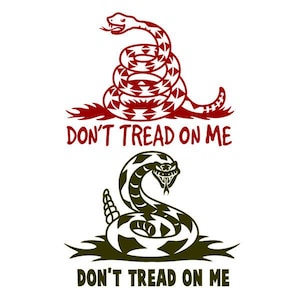 May include: Two versions of the "Don't Tread On Me" symbol, a coiled rattlesnake with the words "Don't Tread On Me" below. The top snake is red and the bottom snake is green.