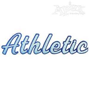 May include: Blue and white embroidered patch with the word "Athletic" in a cursive font.