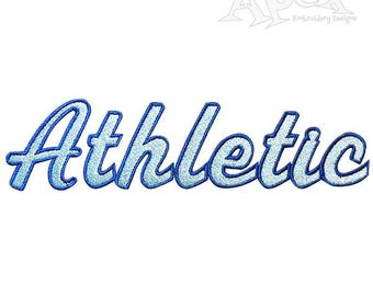 Puede incluir: Parche bordado azul y blanco con la palabra "Athletic" en una fuente cursiva.