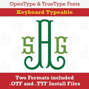 Op de afbeelding: Groen monograafschrift met de letters SHE in een decoratieve stijl. Het lettertype is beschikbaar in OpenType- en TrueType-formaten. De tekst "Keyboard Typeable" staat boven het monogram en "Two Formats included .OTF and .TTF Install Files" staat onder het monogram.