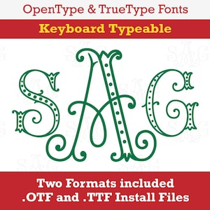 May include: Green monogram font with the letters "SAG" in a decorative script style. The font is available in OpenType and TrueType formats and is keyboard typeable. The image includes the text "Two Formats included .OTF and .TTF Install Files".