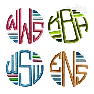 May include: Four embroidered monogram designs in a circle. The monograms feature the letters WWS, KBA, WSG, and ENS in various colors, including red, green, blue, and gold. Each design is on a white background.