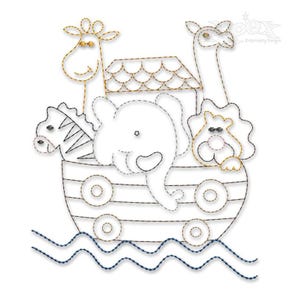 May include: An embroidered design of Noah's Ark with a giraffe, zebra, elephant, lion, and a llama. The ark is a boat shape with a roof, and the animals are inside. The design is outlined in black and gold thread, with blue waves at the bottom.