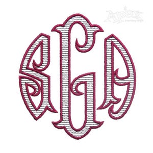 May include: A monogram embroidery design featuring the letters "S", "G", and "Y" in a circular frame. The letters are in a classic, elegant font and are outlined in a dark colour. The design is perfect for adding a personalised touch to clothing, towels, or other items.