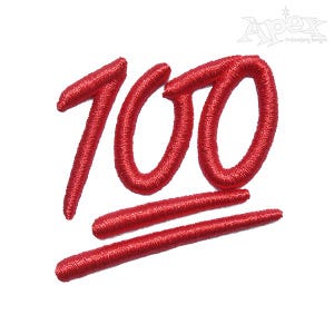May include: Red embroidered patch with the number 100 and a double line underneath, resembling the popular internet slang term "100".