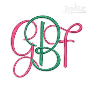 May include: Embroidered monogram featuring the letters "GBF" in a cursive font. The "G" and "F" are pink, and the "B" is green.