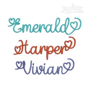 May include: Three names, Emerald, Harper, and Vivian, are written in a cursive font with a heart at the beginning and end of each name. The names are in different colours: turquoise, orange, and purple.