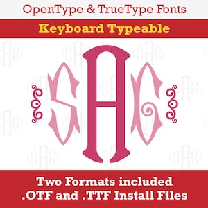 Pode incluir: Uma fonte de monograma rosa e vermelha com as letras "SAG" em um estilo de escrita decorativo. O texto "OpenType & TrueType Fonts" e "Keyboard Typeable" está acima do monograma. O texto "Two Formats included .OTF and .TTF Install Files" está abaixo do monograma.