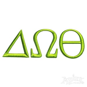 May include: Green embroidered Greek letters Delta, Omega, and Theta on a white background. The letters are in a sans-serif font and appear to be stitched with a textured thread. The design is likely for apparel or accessories.