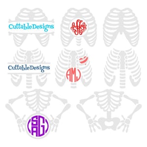 May include: Three skeleton outlines with different monograms in circles. The top skeleton has the monogram "JSH" in a light blue circle. The middle skeleton has the monogram "AMJ" in a dark blue circle with a red heart above it. The bottom skeleton has the monogram "SAG" in a purple circle.