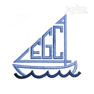 May include: Blue sailboat monogram embroidery design with the letters "EGC" incorporated into the sail. The sailboat is on top of blue waves.